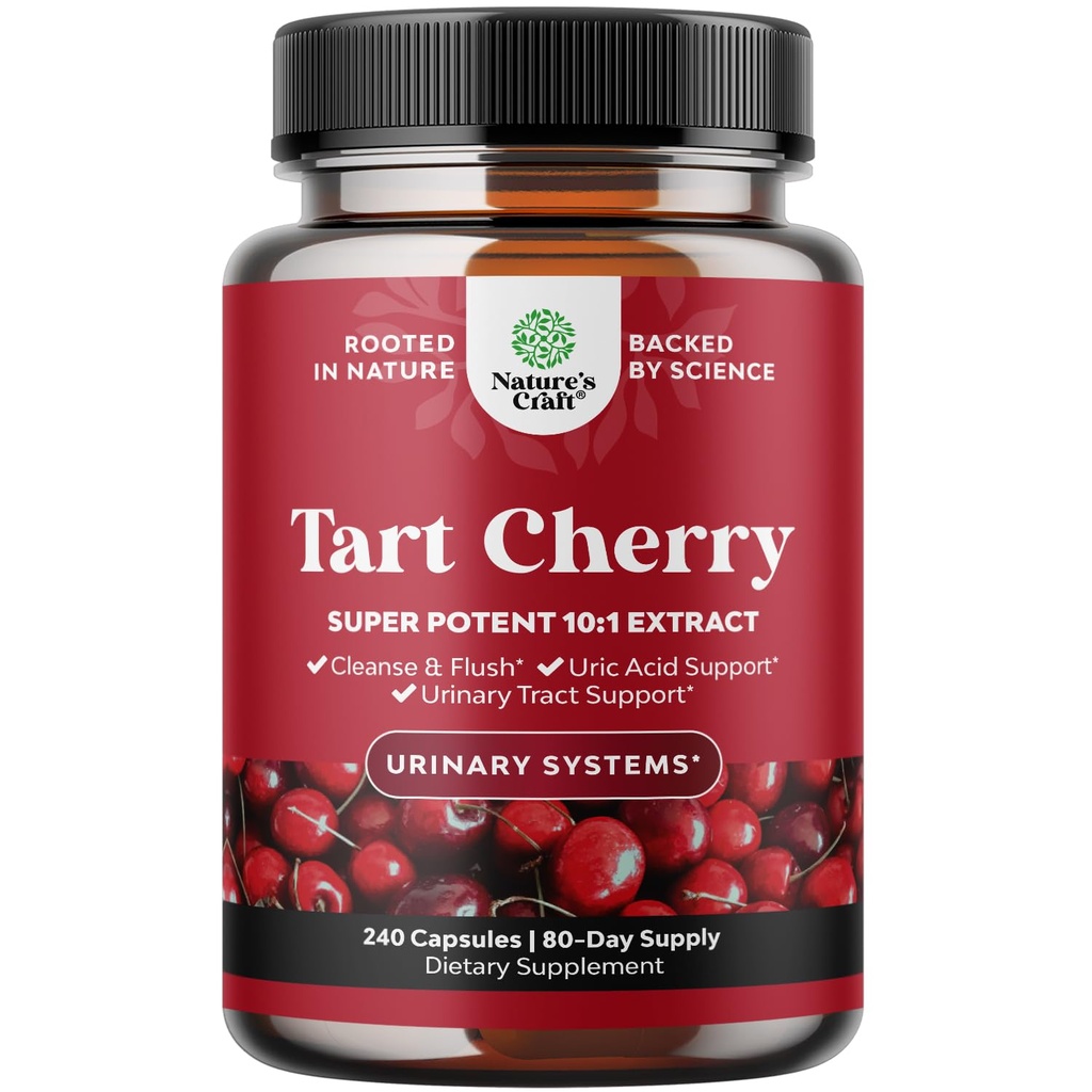 Cápsulas de Tart Cherry - Tart Cherry Extract Cápsulas 7500mg para Limpeza de Ácido Urico para Gota e Rim Suporte - Suplemento de Extrato de Frutas para Trato Urinário Saúde e Apoio Conjunto - 240 Ct