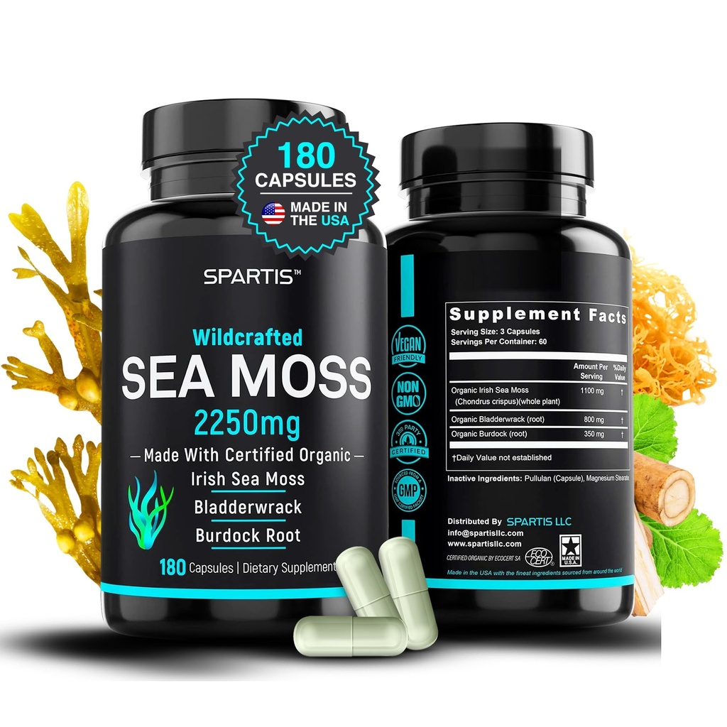 Cápsulas Certified Organic Sea Moss 2250mg Wildcrafted Irish Sea Moss Burdock Root Bladderwrack Supplement Raw Seamoss Pills & Powder (Pacote de 1 a 180-Caps)