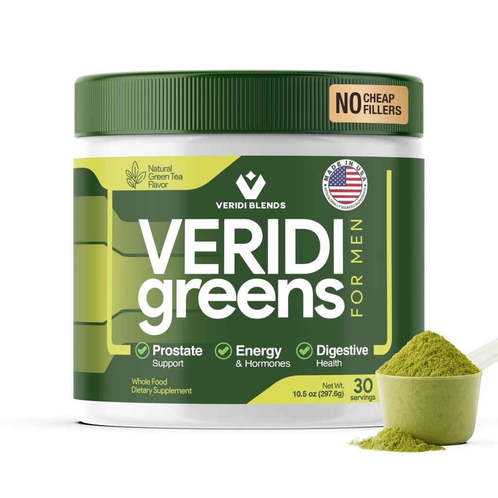 Veridi Greens para homens 40+ □ Verdes Superalimentares Diárias Pó para Saúde da Próstata, Hormônio e Suporte Energético