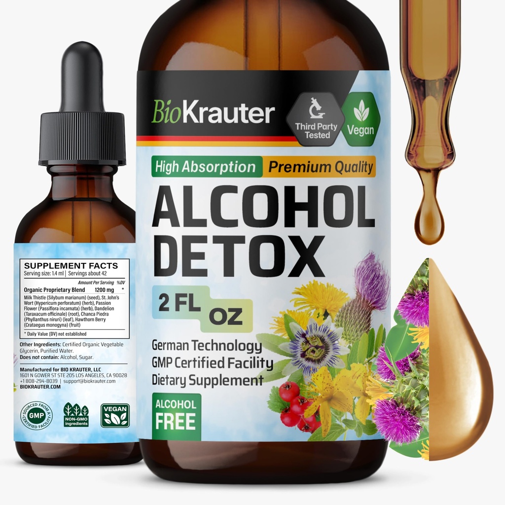 BIO KRAUTER Alcohol Detox Tintura - Fígado Cleanse & Detox Fórmula - Cardo de Leite & Dandelion - Suporte de fígado Extrato Líquido - Álcool e Açúcar Livre - Vegan Drops 2 Fl.Oz.