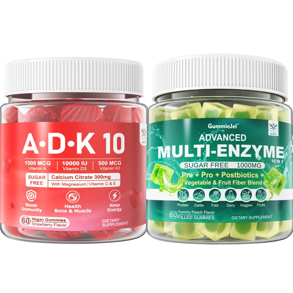 Enzimas Digestivas Gummies 1000mg Mastigáveis - Quebrar alimentos rapidamente, 90 bilhões de UFC, Probiótico, Pós-biótico, Prebiótico & Mistura de Fibra e Vitamina ADK Gummies + Suplemento de zinco de magnésio de cálcio