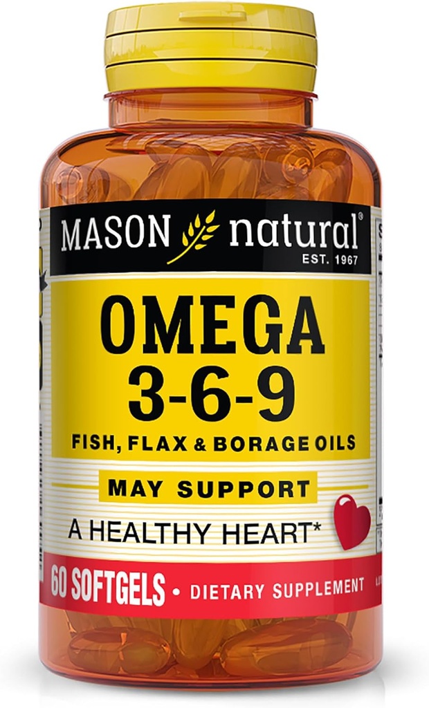 Mason Natural Omega 3-6-9 com peixe, linhaça, & Óleos de Boragem, 60 Softgels