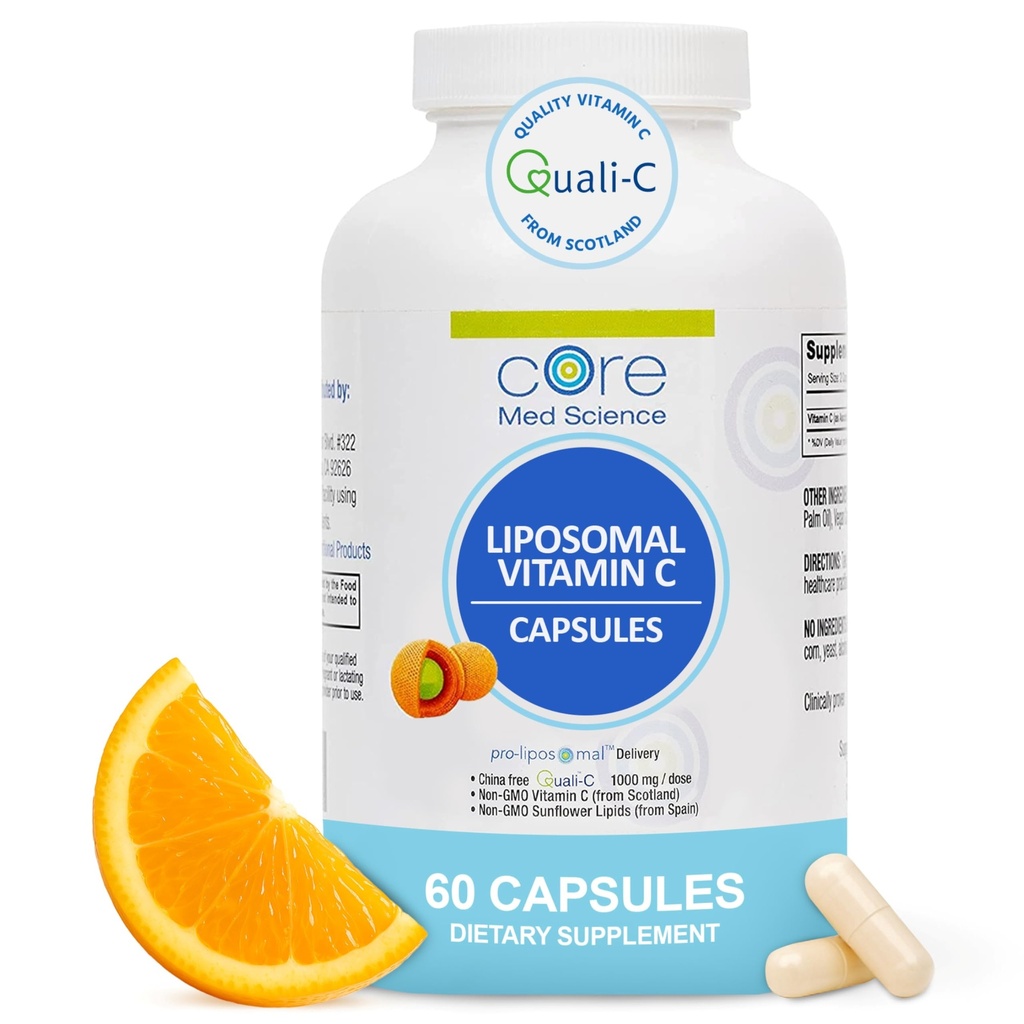 Core Med Science Vitamina C lipossomal 1000mg, 60 Cápsulas - Suplemento de vitamina C lipossômica natural não-GMO que promove a pele saudável - Imune System Booster para adultos, suporta a formação de colágeno