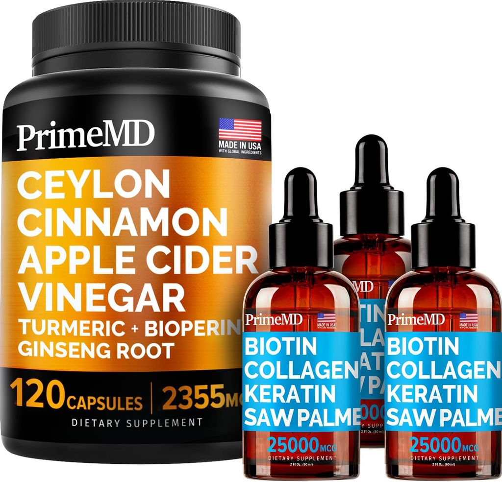 4-em-1 Biotina Líquido Colágeno Queratina Serra Palmetto Gotas (2 fl oz - 3 Pack) e 5-em-1 Ceilão Canela w Açafrão & Ginseng Raiz (120ct) Bundle - Cabelo, Pele, unhas, & Immune Suporte Suplemento