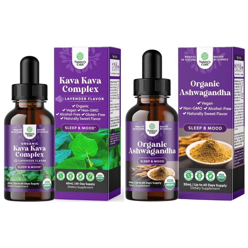 Pacote de Potent Liquid Kava Kava Drops Suplemento com Kavalactones para melhor sono e USDA Organic Ashwagandha Liquid Drops - Extrato de raiz de Ashwagandha para estresse e suporte de humor para adultos
