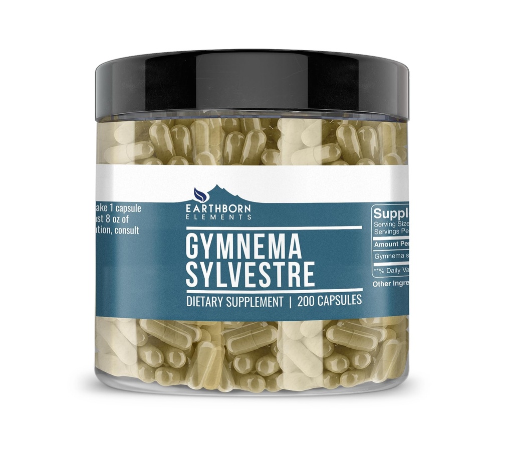 Elementos nascidos na Terra Gymnema Sylvestre 200 Cápsulas, Puro e não diluído, Sem aditivos