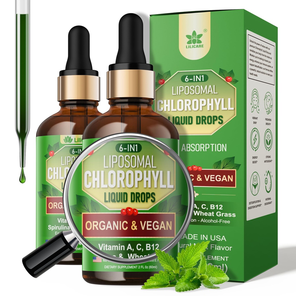 Biochlorophyll líquido gotas lipossomal para mulheres e homens, 6-em-1 Verdes Superalimentar Vegan clorophyll w / Spirulina, Trigo grama, Vitamina C B12 A para desodorante interno *, Energia, Digestivo, 2Packs/4 Fl Oz