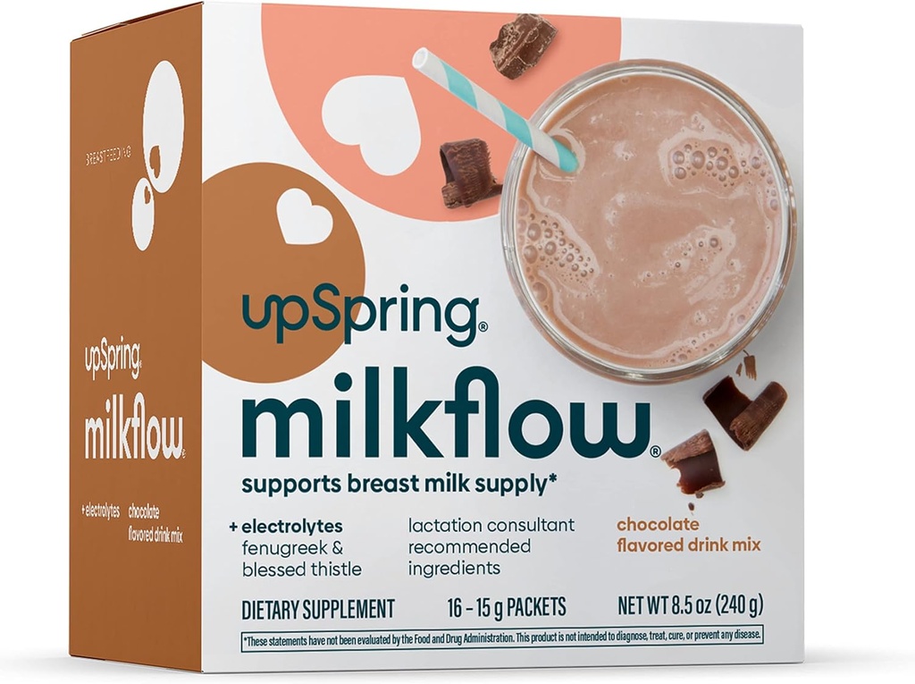 UpSpring Milkflow Eletrolyte Amamentação Suplemento Bebida Mix com Fenugreek sabor de chocolate , suplemento de lactação para promover o fornecimento de leite materno saudável e restaurar eletrólitos , 16 Misturas de bebida
