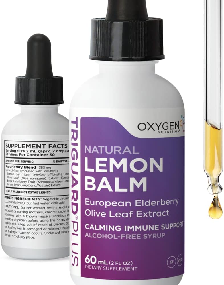 TriGuard Lemon Balm Plus - Extrato de Limão Balm, Elderberry, Extrato de Folha de Oliva Tintura 2 fl oz para acalmar, alívio de estresse, apoio imunológico e inflamação