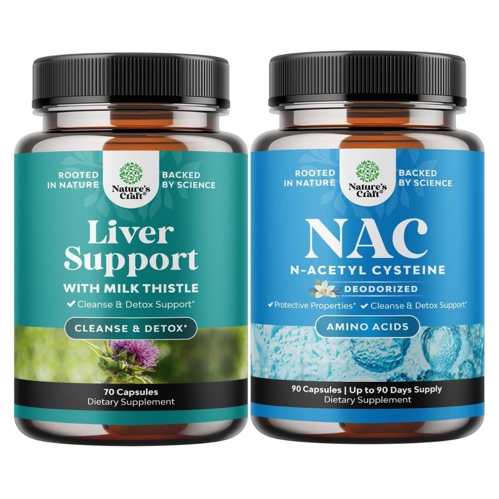 Pacote de Fígado Cleanse Detox & Repair Fórmula e Suplemento NAC N-Acetil Cysteine 600mg - Suplemento de suporte de ervas com cardo de leite - Alta Absorção NAC 600 mg Cápsulas Glutationa