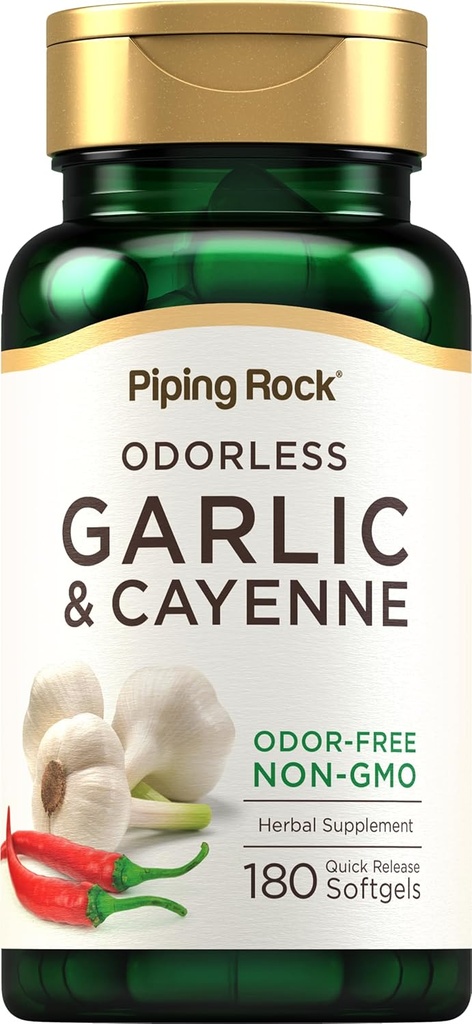 Piping Rock Odorless Alho Softgels 180 Softgels Suplemento com Cayenne Extract