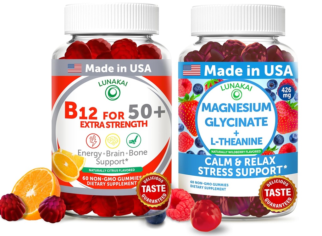 Lunakai EUA fez vitamina B12 para adultos 50+ & Magnésio Glicinate Gummies Bundle, Suporta energia, humor, relaxamento e alívio de estresse, Não-GMO, Vegan, 60ct cada