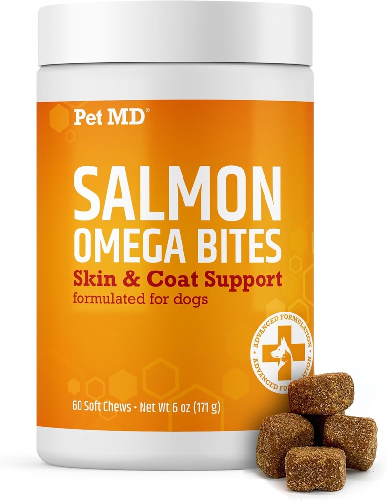 Pet MD Salmon Omega Bites para cães - Pele e casaco Suplemento com Omega 3 & 6 para cães Plus DHA & EPA - Promove Alergia e alívio da pele seca - 60ct