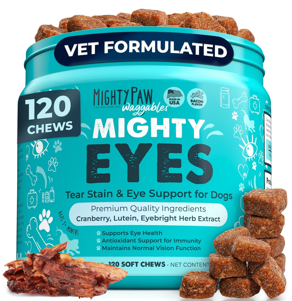 Poderoso Paw Waggables Eyes (Made in USA) (Made in USA) (Mastigação de manchas de lágrimas para cães. Vision and Tear Stain Support Supplements for Dogs. Lutein Supplement. Lubrifica os olhos, suporte imunológico (120 Ct)