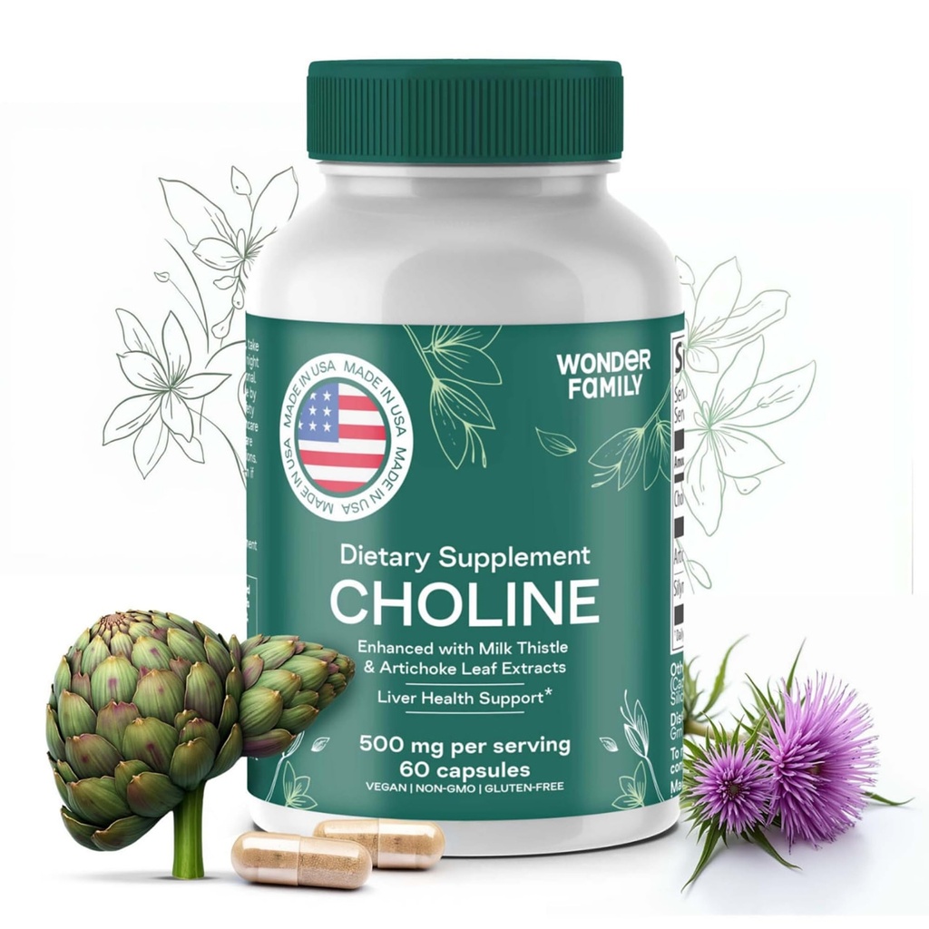 Choline Bitartrate 500MG - Suplementos Premium Choline - Suplemento de suporte de fígado e suplementos de vesícula biliar - Colina Suplemento 500 mg Organica - Vitamina cerebral para memória e foco - 60 tampas de colina