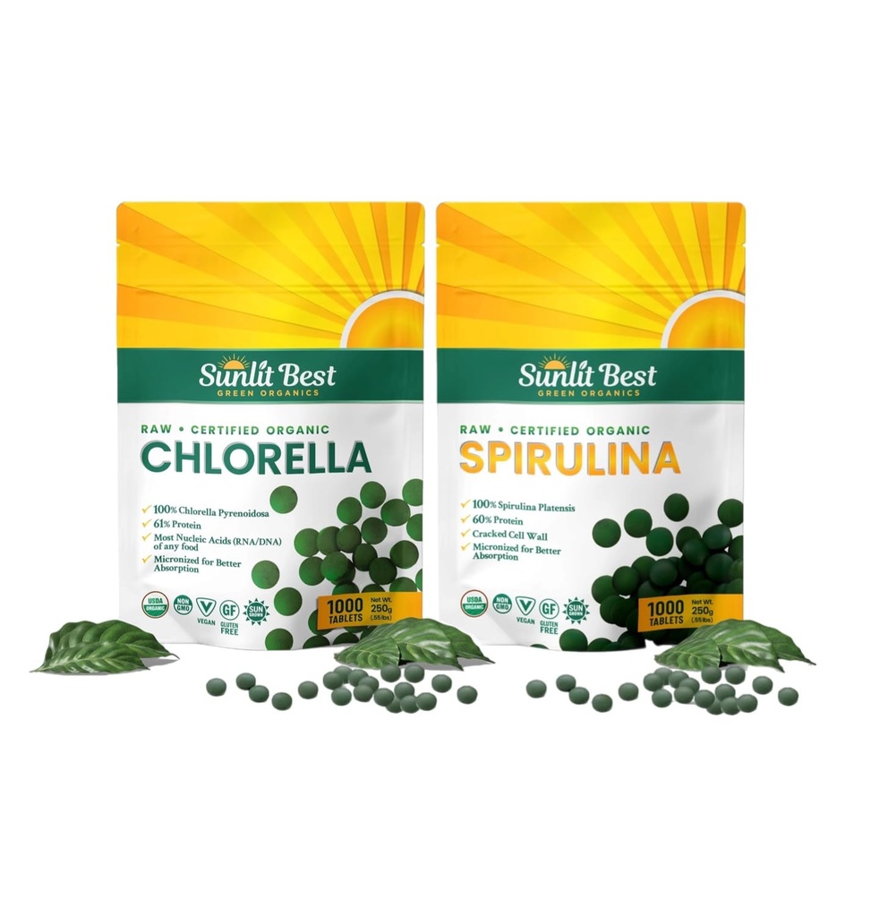 Sunlit melhor Premium chlorela & Spirulina 1000 Count Tablet Bundle para suporte imunológico, energia, bem-estar