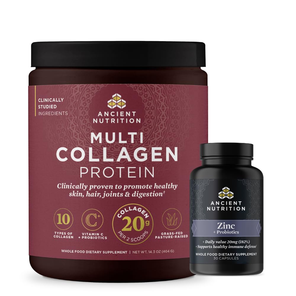 Cápsulas de Zinco Nutrição Antiga, 30 Count + Multi Colágeno Protein Powder, Sem sabor, 40 Servings