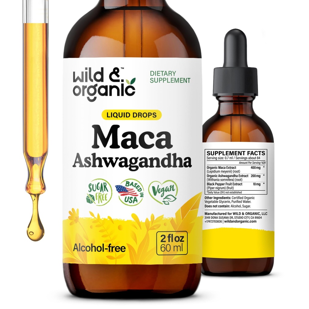 Wild & Organic Maca Ashwagandha Drops para homens e mulheres - Peruano Maca Root e Ashwagandha Tintura para o apoio geral - Vegan, Açúcar & Alcohol-Free Extract Supplement - 2 fl oz