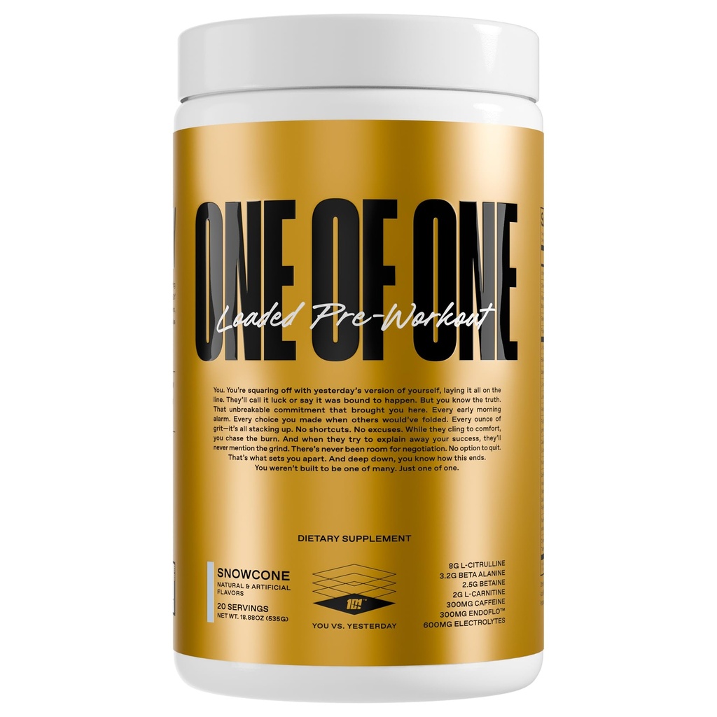 UM DE UM Pré-treino carregado – Energia de alta tensão, Foco e Endurance com EndoFloTM, Genius PureTM Alpha GPC, NeuroRushTM, Dynamine®, No Crash, Gluten Free – Snow Cone