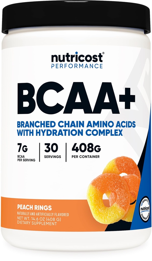 Nutricost BCAA + Hydration Powder (Anéis de pêssego) 30 Servings - Branched Chain Amino Acids with Hydration Complex - Gluten-Free, Non-GMO