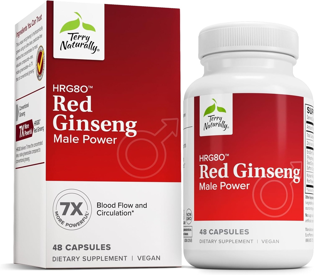 Terry naturalmente HRG80 Red Ginseng Male Power - Sangue Circulação & Endurance Suplemento de suporte - Suplemento dietético com Ginseng & Zinc - Suplemento de ervas para suporte energético - 48 Cápsulas