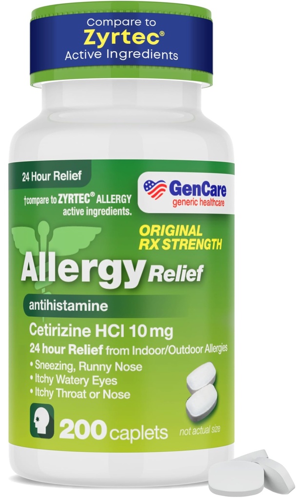 GenCare - Cetirizine HCL 10 mg (200 Caplets) - pílulas de alívio de alergia 24 horas - medicamentos genéricos de alergia OTC - anti-histamínicos para espirros, nariz runny & comichão olhos - genérico Zyrtec
