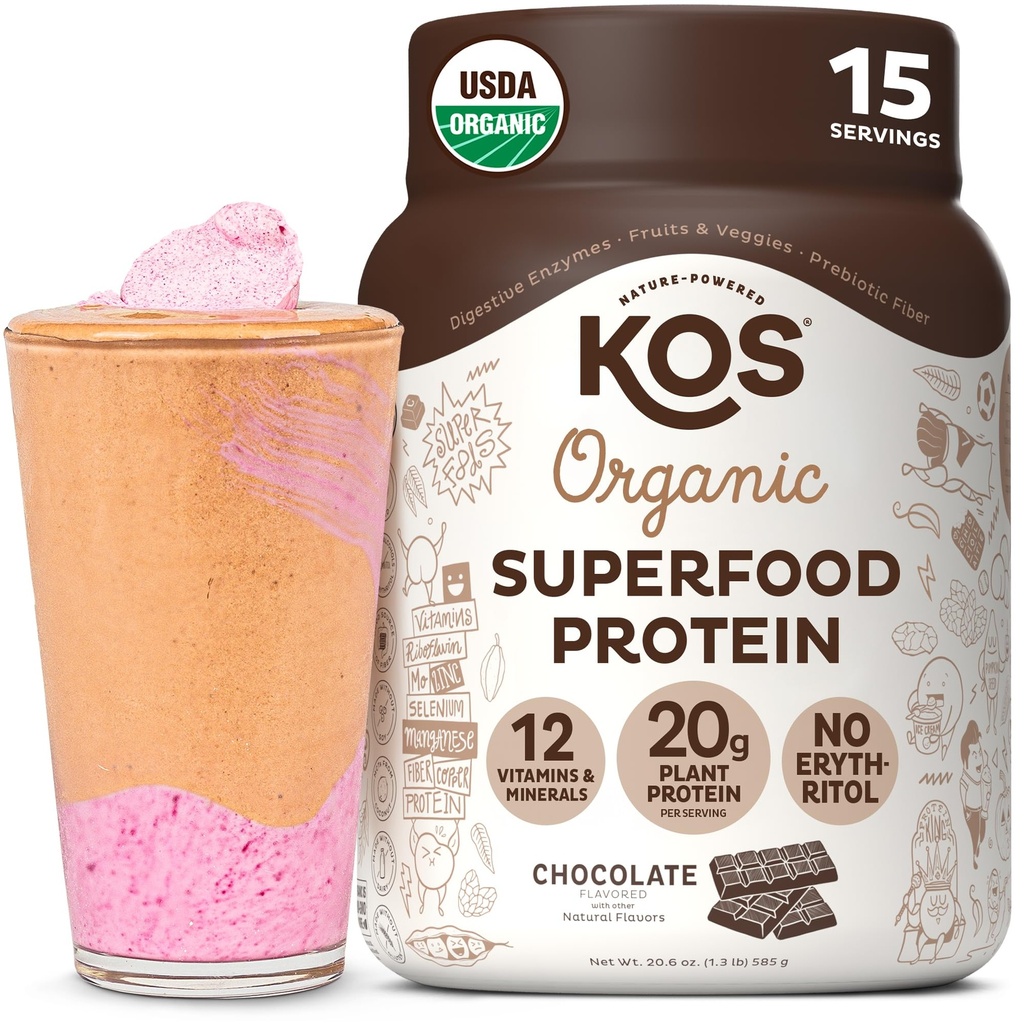 KOS Planta Based Protein Powder, Chocolate USDA Orgânico - Low Carb Pea Protein Blend, Vegan Superfood com vitaminas e minerais - Keto, Soy, Dairy Free - Reposição de refeições para mulheres e homens - 15 Servings
