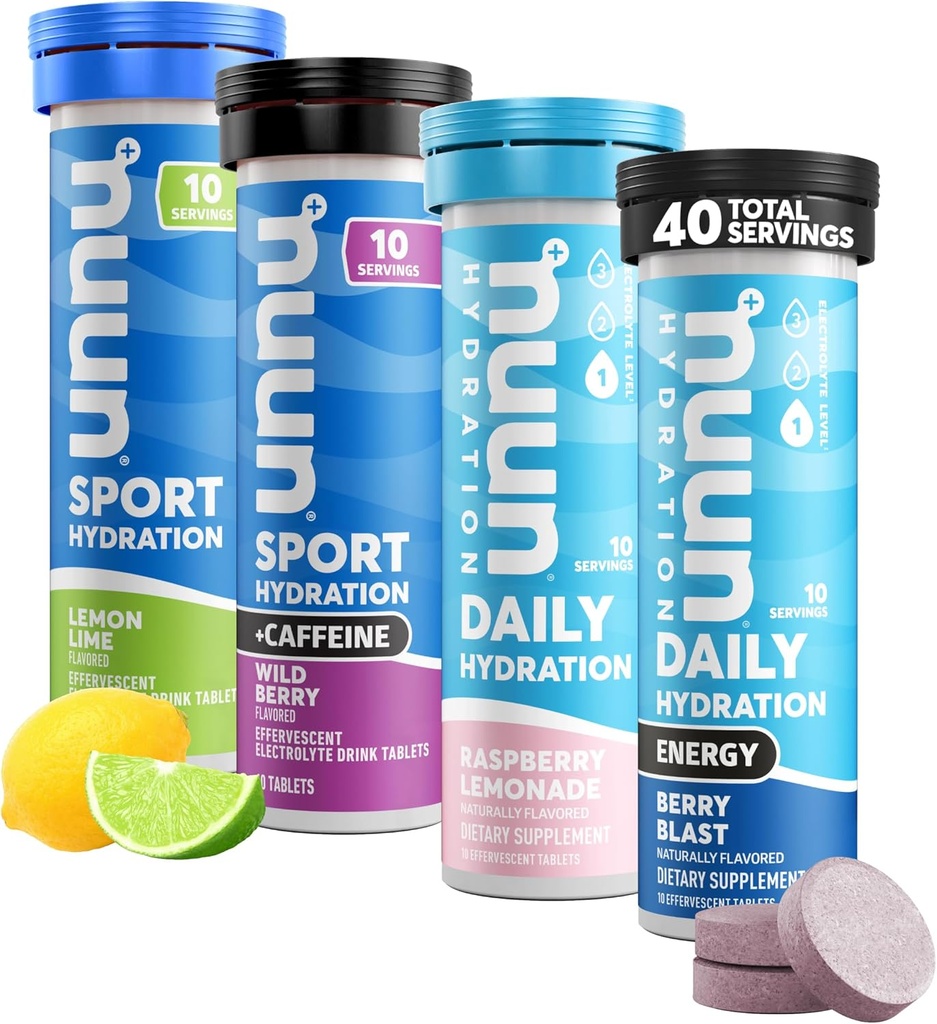 Nuun Hydration Eletrolyte Tablets - Dissolvável em água, Pacote completo 5 Eletrolitos Essenciais para Hidratação 1g Sugar Drink Mix - Vegan, Não-GMO 4 Pack (40 Total Servings)