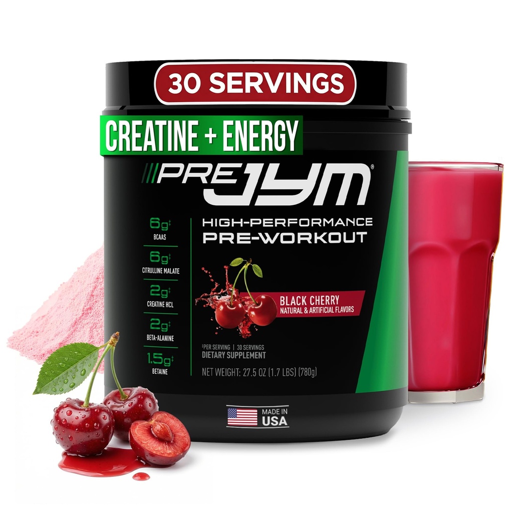 JYM Supplement Science Pre JYM Black Cherry Pre Treino em pó para homens e mulheres, BCAAs, Nootrópicos, Creatina HCI, Citrulina, Beta-Alanina, Betaína, Taurina, Huperzina, 30 Servings