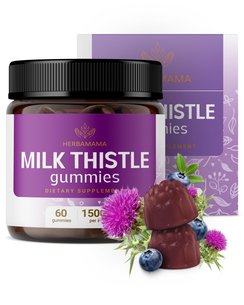 Herbamama Milk Thistle Supplement - 1500mg Milk Thistle Seed Gummies for Liver Cleanse - Vegan, Suporte de fígado não-GMO com Silybum Marianum - 60 Pectin-Based Blueberry-Flavored Chews