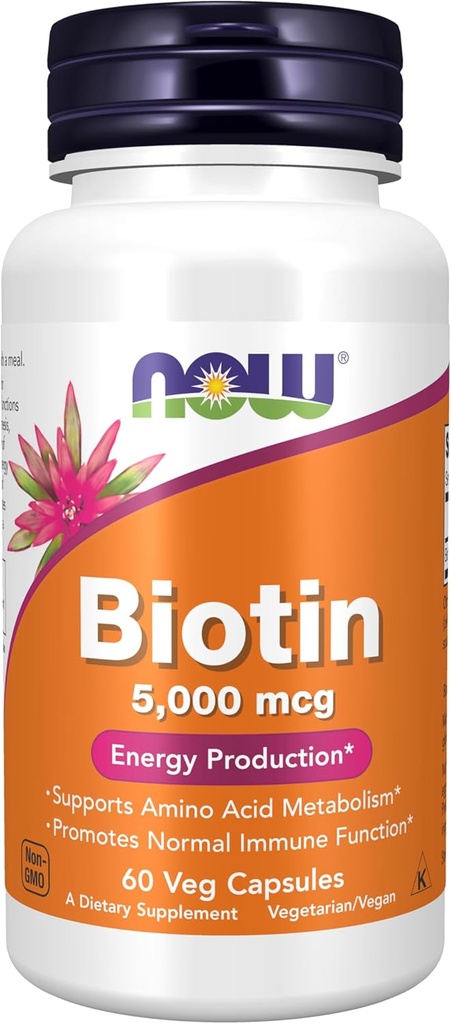 Now Foods Supplements, Biotin 5.000 mcg, Metabolismo Aminoácido*, Produção de Energia*, 60 Cápsulas Veg