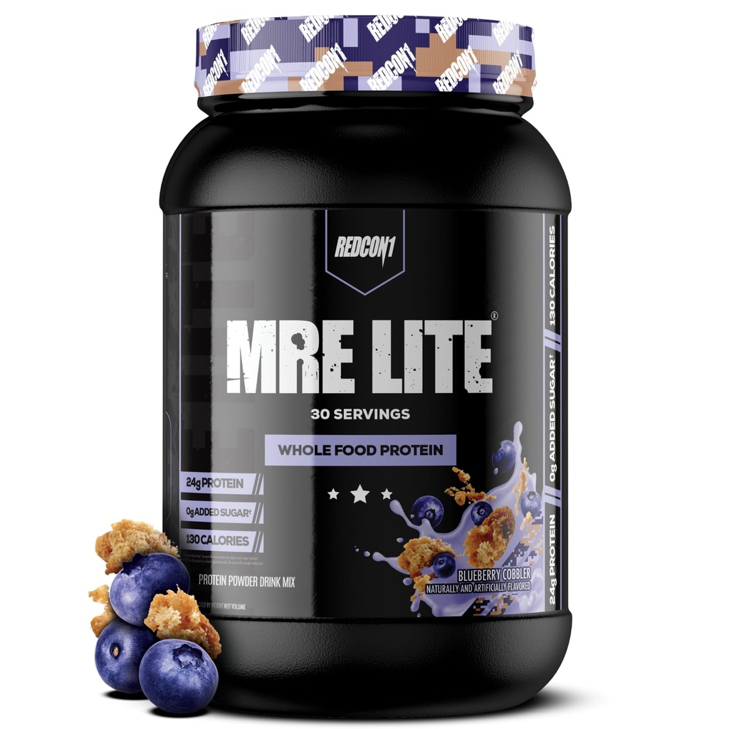 REDCON1 MRE Lite Proteína Alimentar Integral em Pó, Cobbler de Amora - Baixo Carb & Whey Substituição de Refeição Grátis com Misturas de Proteína Animal - Suplemento Fácil de Digerir Made with MCT Oils (30 Servings)