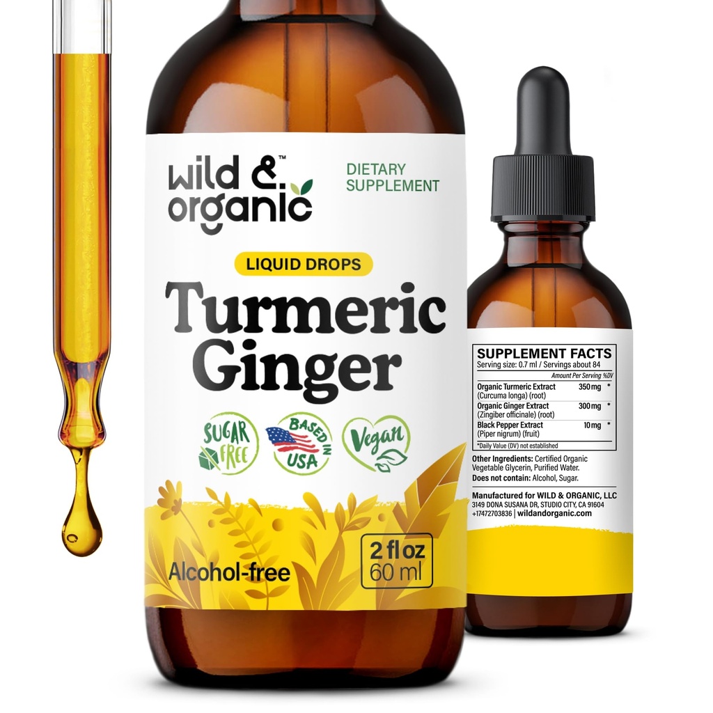 Wild & Organic Turmeric and Ginger Supplement Drops - Apoio Conjunto & Immune - Acumérica Líquida com Ginger e Extrato de Pimenta Negra - Suplemento de Curcumina - Vegan, Açúcar & Tintura sem Álcool - 2 onças