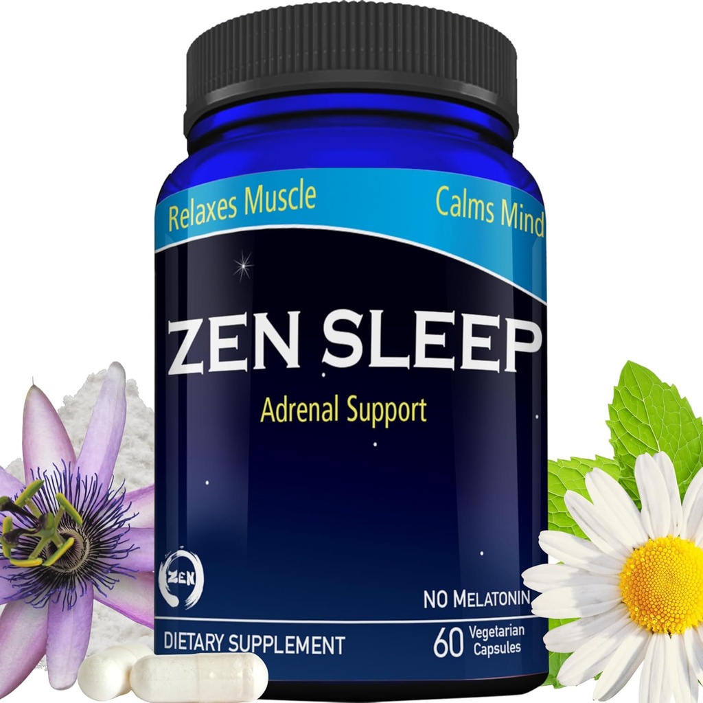 Sono Zen (Ajuda ao Sono Não-Addictive w/Adrenal Support). Contém magnésio e ervas orgânicas; Camomila, Limão Balm, Paixão Flor, Sem melatonina