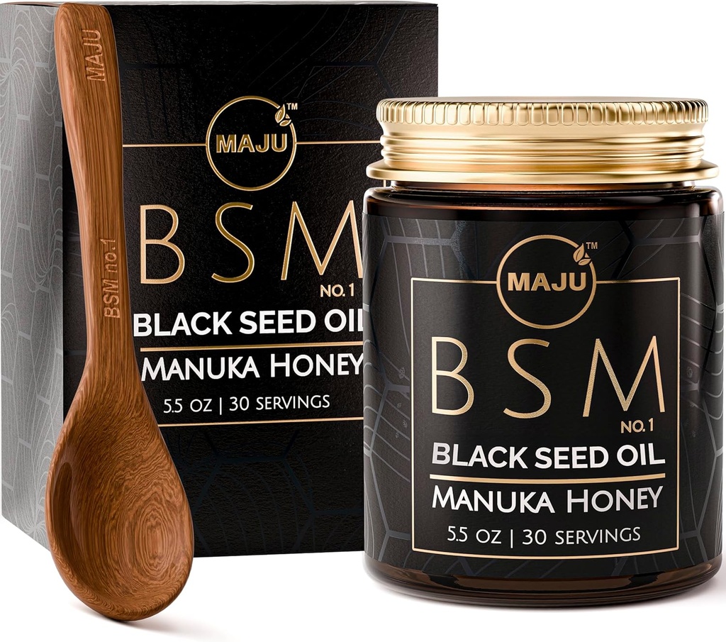Óleo de semente preta 3-em-1 da MAJU, Manuka Honey & Seeds (estilo tradicional) BSM no. 1, Doce & Crunchy Herbal Blend, Nigella Sativa Oil and Seeds, Unpasteurized & Raw Monofloral Manuka Honey Nova Zelândia