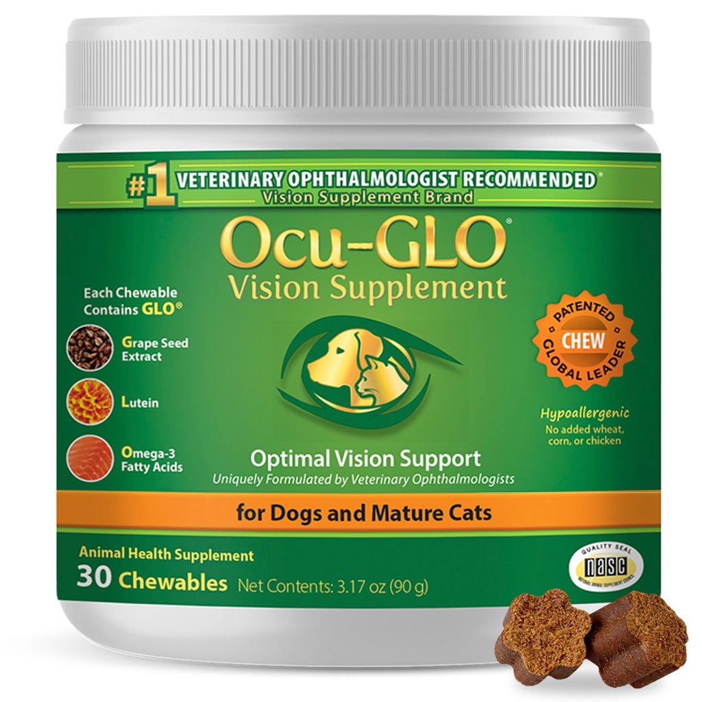 Ocu-GLO Cat & Dog Senior Supplement for Eye Support - Chewable Vitaminas Vision Suplementos para cuidados de animais de estimação grandes e pequenos com Lutein, Ómega-3 ácidos gordos, extrato de sementes de uva e antioxidantes