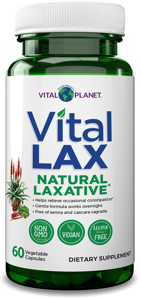 Vital Planet - Vital Lax Natural Laxative Cleanse Supplement for Occasional Obstipation, with Magnesium Hydroxide, Slippery Elm, Aloe, and Triphala to Support Bowel Regularity 60 Cápsulas