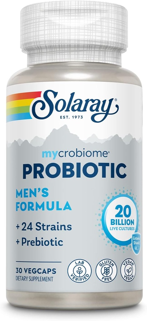 Fórmula masculina probiótica do Mycrobiome SOLARAY, Probióticos para homens, Gut Health, Digestion, Imune Function & More, 20 bilhões de UFC Mens Probiótica, 24 Strains Plus Prebiótico, 30 Servings, 30 VegCaps