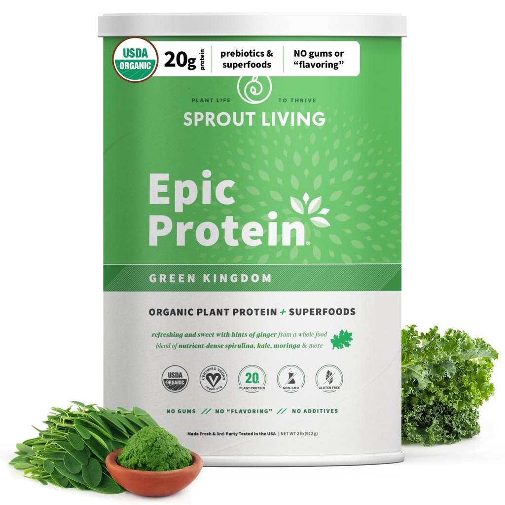 Sprout Vivendo proteína épica, proteína baseada em plantas e superalimentos em pó, Reino Verde, 20 gramas de proteína orgânica em pó, Verdes, Vegan, Não lácteos, Não-GMO, Glúten livre, Açúcar baixo (2 libras, 24 servir)