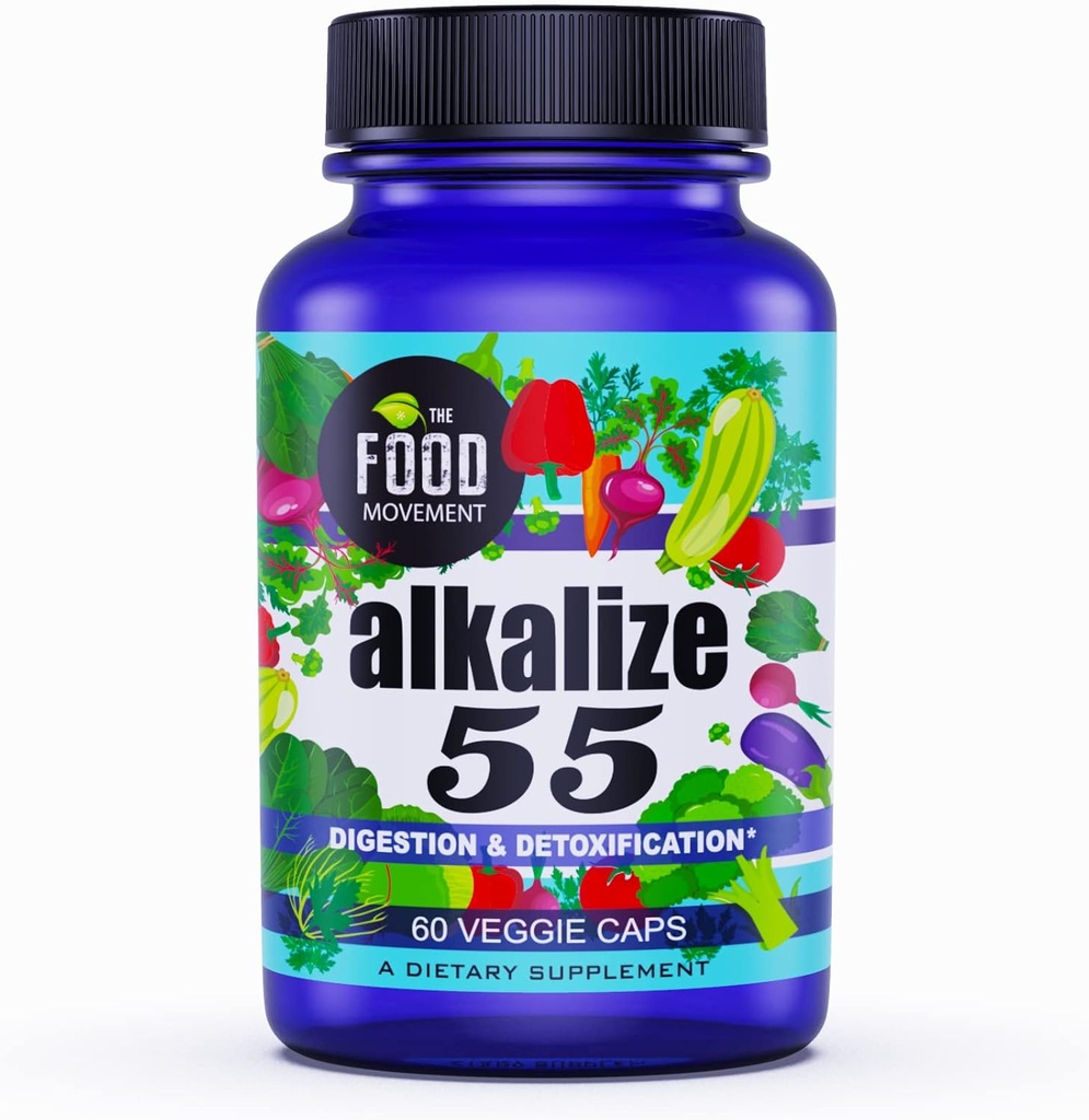 O Movimento Alimentar - Alkalize 55, 55 Alimentos Fermentados com Black Earth Humic Fulvic Trace Minerals, Eletrólitos, pH Balanço, Imune Boosting, Vegan - 60 Tampas Vegetais
