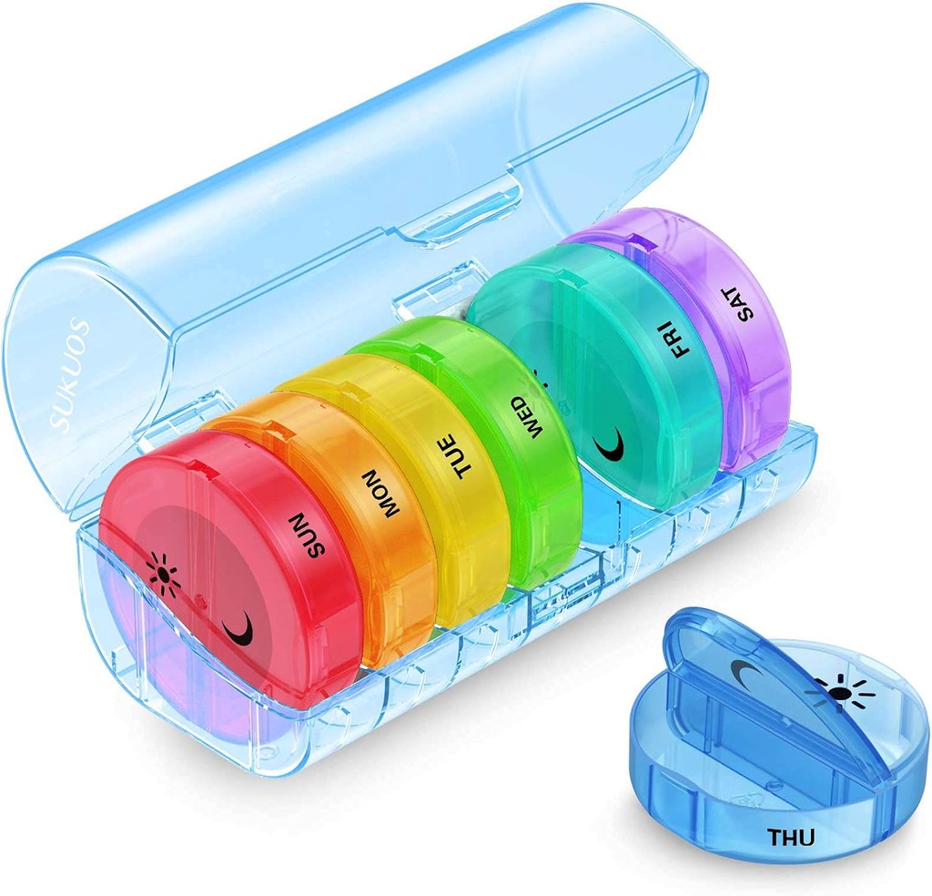 Sukuos grande organizador semanal de comprimidos 2 vezes por dia, caixa diária de pílulas 7 dias fácil de abrir com proteção dupla, caso do comprimido AM PM para medicina / Vitamina / óleo de peixe / suplementos (azul)