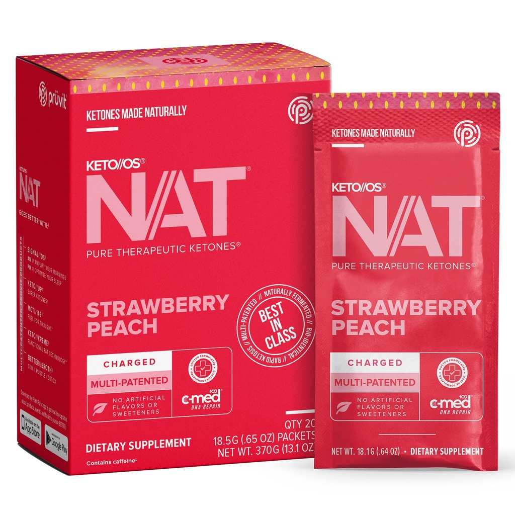 Pruvit - Keto//OS NAT - Morango Peach Charged Drink Mix com C-Med 100, L-Taurine, Vitaminas B6 & B12, Suplemento de Cetona - 18,5g