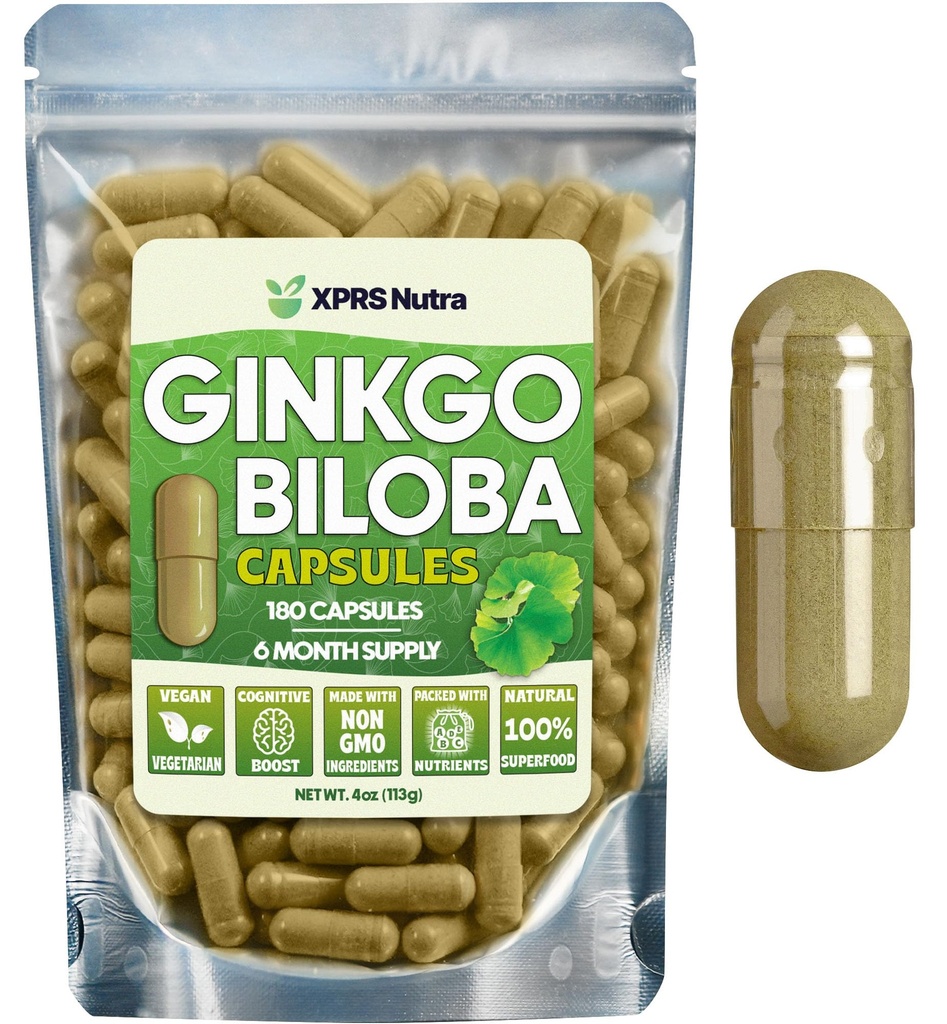 XPRS Nutra Ginkgo Biloba Cápsulas - Gingko Biloba Suplementos encapsulados para Cognição - Vegan Friendly Ginkoba Biloba - Imunidade Boosting Ginkgo Biloba Cápsulas - 180 Contagem