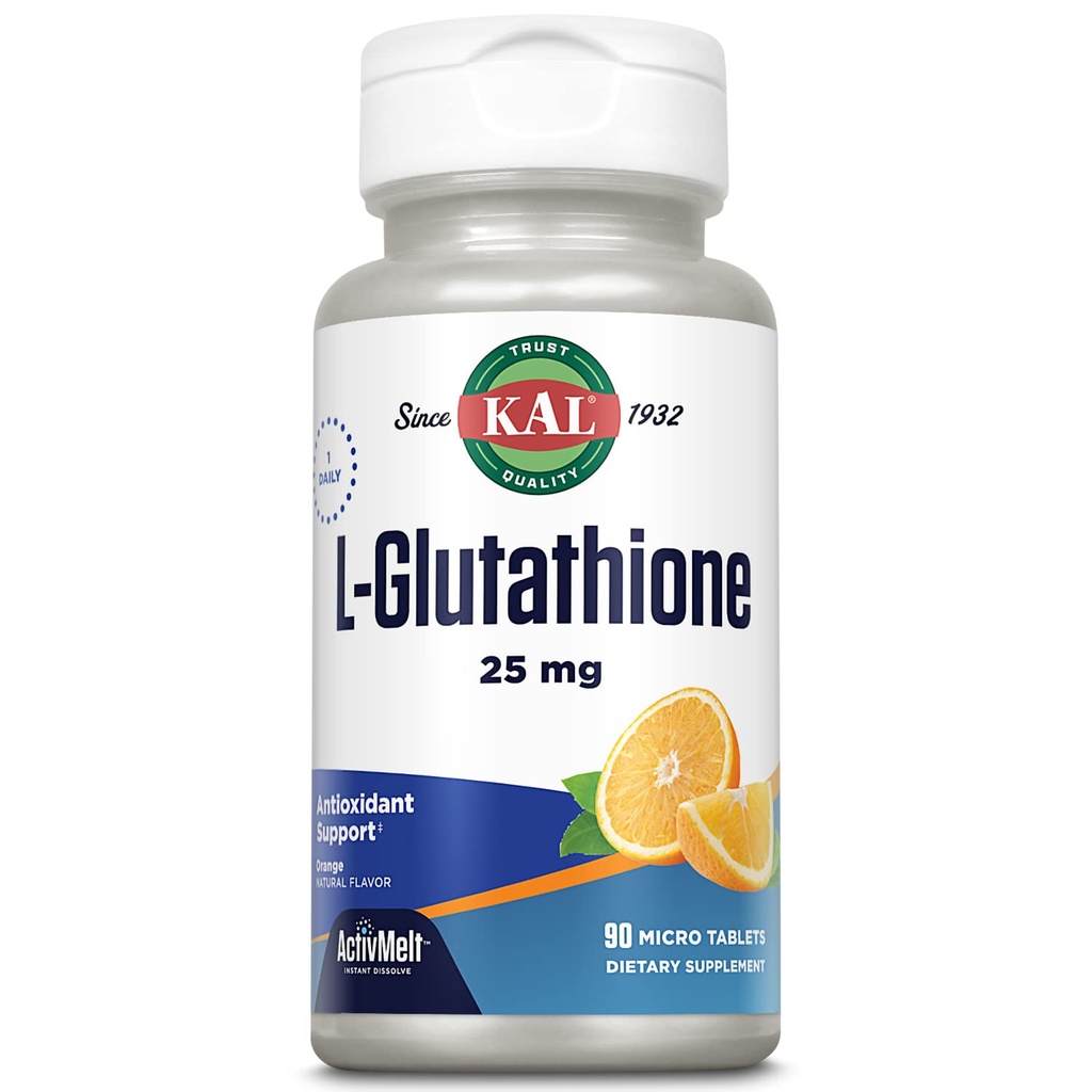 KAL L-Glutationa, Suplemento de Glutationa Reduzida, Antioxidante de Alta Absorção, Aroma de laranja Instant Dissolve ActivMelt, Vegetarian, Lab Verified, 90 Servings, 90 Micro Tablets