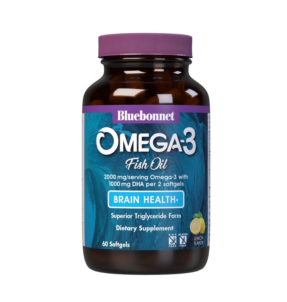 Bluebonnet Nutrition Fórmula do cérebro Omega-3 Natural Wild Caught Trigliceride Form DHA 860 mg EPA 120 mg - Altamente concentrado Cognitive Health & Wellness Support Supplement - Gluten-Free - 60 Softgels