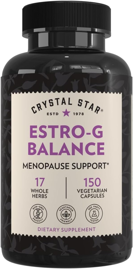 Crystal Star Estro G Balance Supplement (150 Cápsulas) – Herbal Menopausa Suporte com Preto Cohosh, Rehmannia, Damiana & Alcaçuz – Vegetariano e Não-GMO
