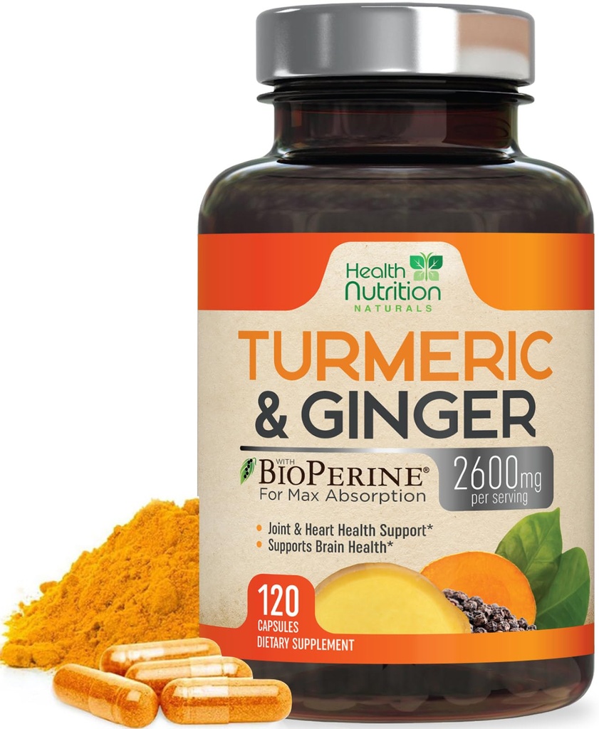 Suplemento de Curcumina Açafrão 2600mg - com gengibre orgânico & açafrão, 95% de Curcuminóides, Pimenta preta BioPerine para melhor absorção, Suporte comum Vegan da natureza, Não-GMO, Engarrafado nos EUA - 120 Cápsulas