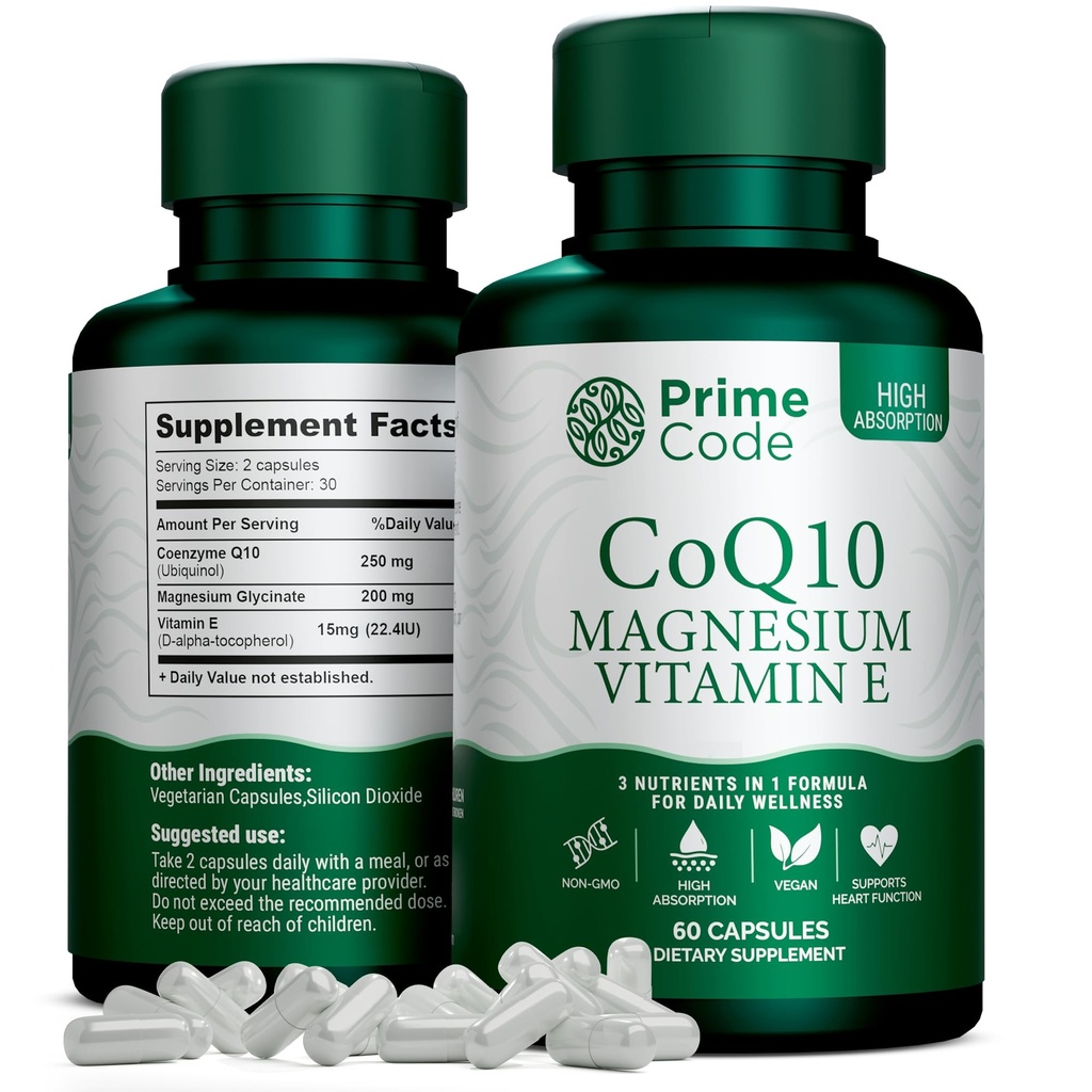 Código Prime [ 3 em 1] CoQ10 250mg com Glicinato de Magnésio e Vitamina E □ CoQ10 Cápsulas 250mg ; Glicinato de Magnésio 200mg ; Vitamina E 15mg ; Não Glúten e Soja Grátis ; Vegan