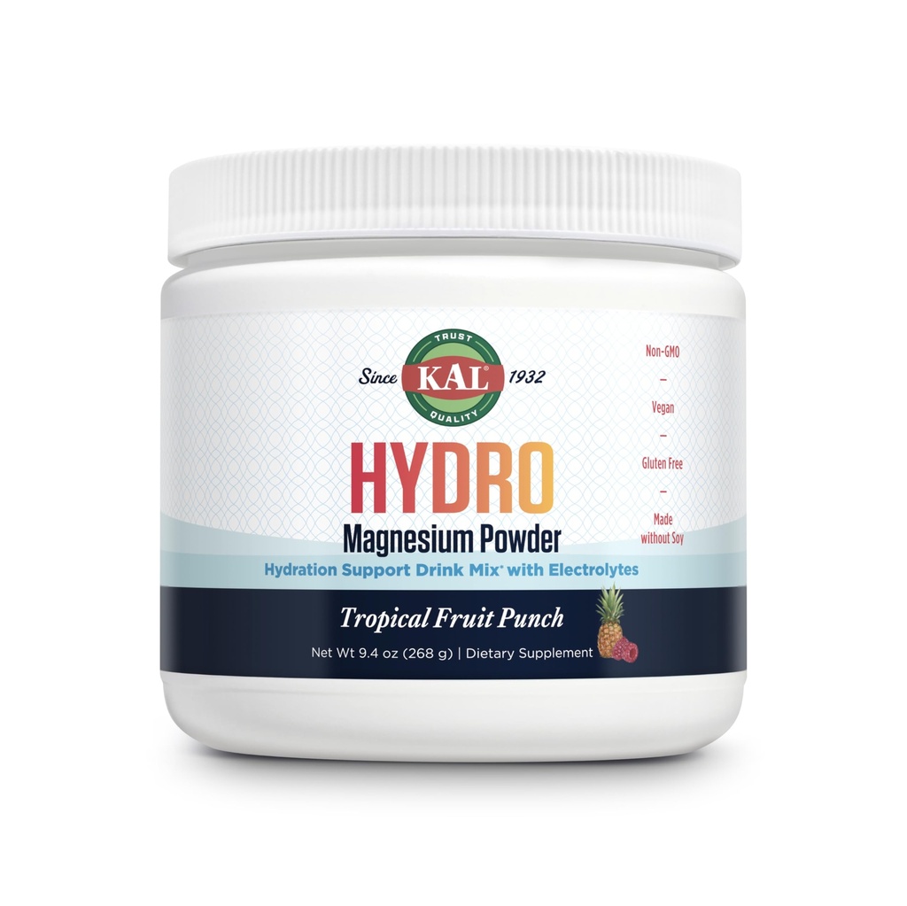 KAL Hydro Magnesium Plus Electrolytes Pó - Tropical Fruit Punch - Sódio, Cloreto, Suplemento de Potássio - Hydration & Cellular Energy Drink Mix - Sem Açúcar - 60 dias de garantia, 50 Servings, 9.4 OZ