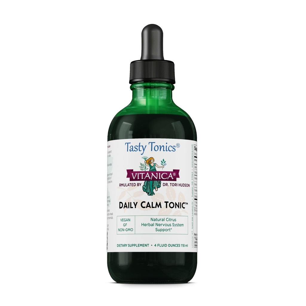 Vitanica diária calma tônica, suplemento de alívio de estresse líquido natural, Dr. Formulado, Balm limão orgânico, Kava Kava e paixão flor, para as mulheres, homens e adultos, Vegan, 4 Ounce (Tonic diária calma)